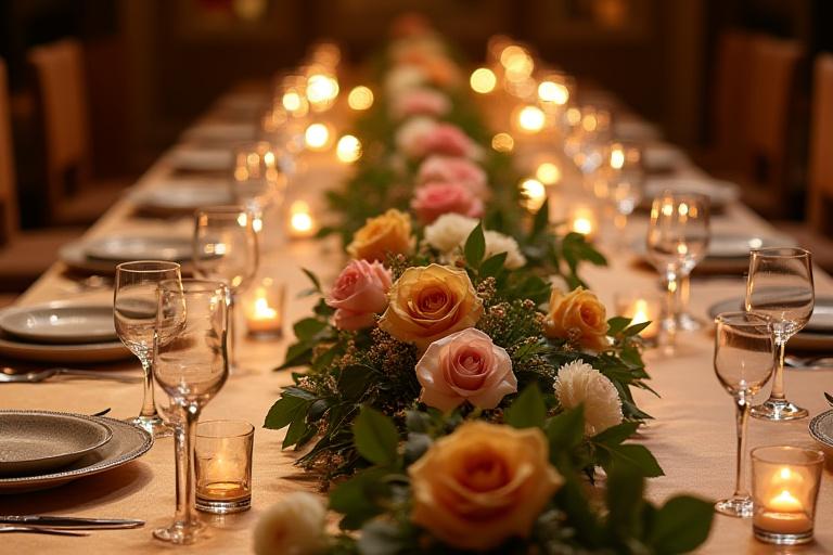 En lang og lav blomsterdekorasjon for et festbord.