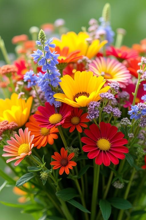 En livlig og fargerik bukett med en blanding av markblomster.